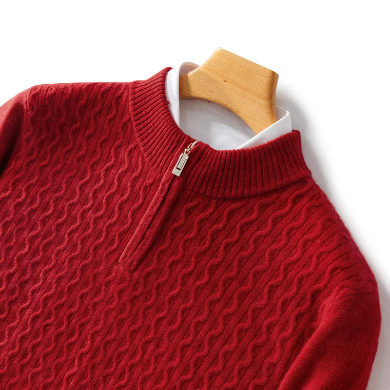 Men's beige cashmere half-zip sweater with cable knit texture, soft lightweight minimalist design