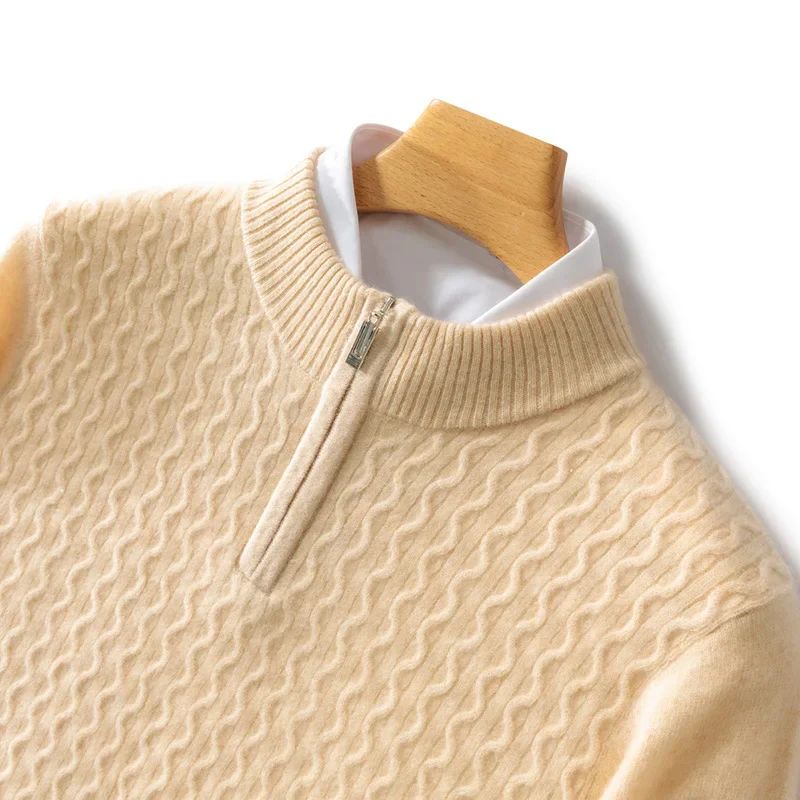 Men's camel cashmere half-zip sweater with cable knit texture, slim fit, soft lightweight luxury knit