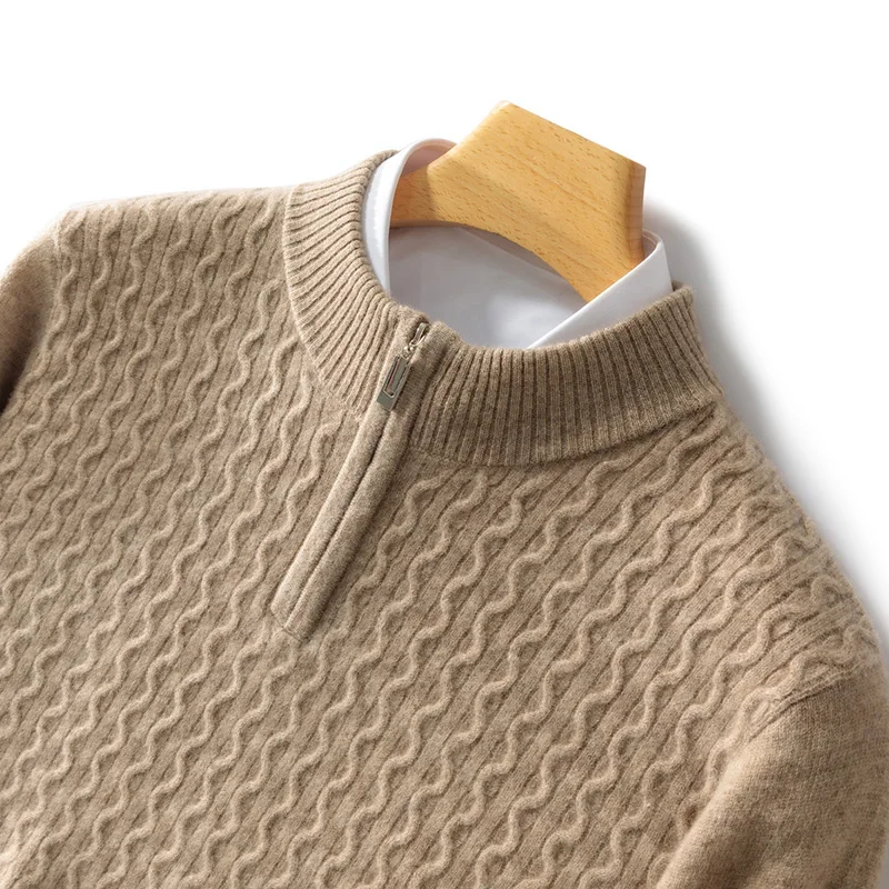 Men's beige cashmere half-zip sweater with cable knit texture, soft lightweight minimalist design