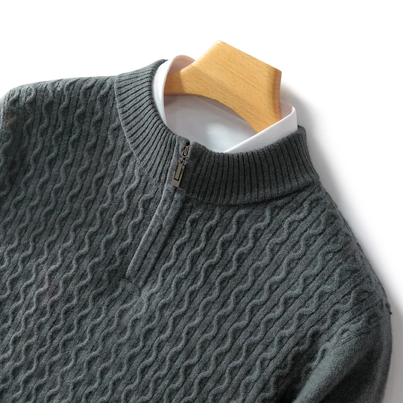 Men's beige cashmere half-zip sweater with minimalist cable knit texture and high neck collar