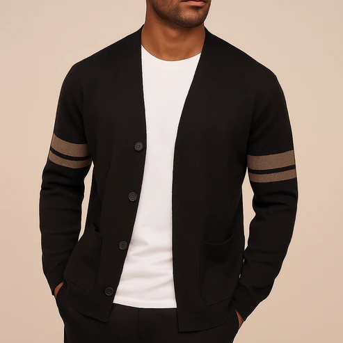 Men's Leonardi knit cardigan soft breathable ribbed trim subtle sleeve stripes relaxed tailored fit