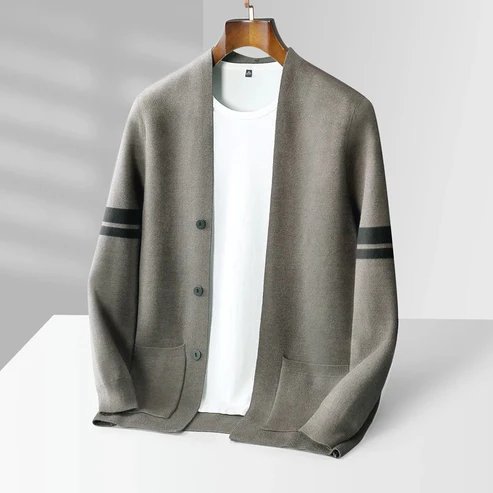 Men's knit cardigan soft breathable ribbed trim subtle sleeve stripes relaxed tailored silhouette