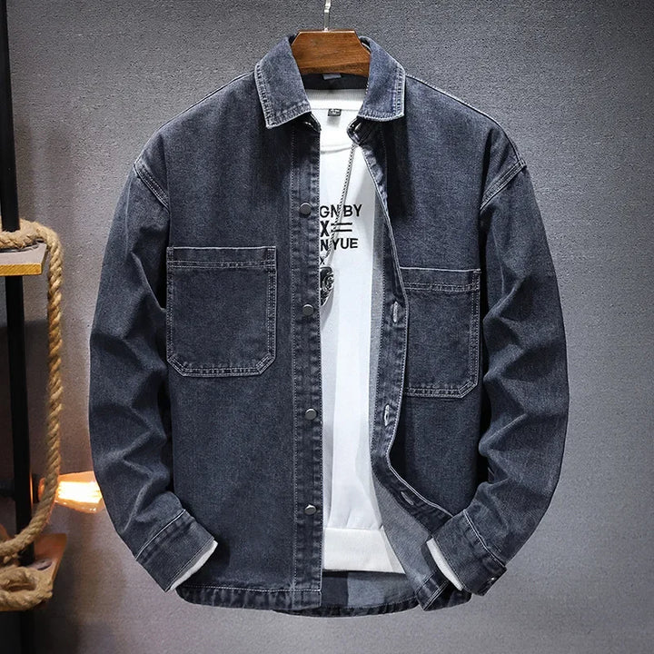 Men's midweight blue denim jacket structured fit minimal detailing refined smart-casual layer