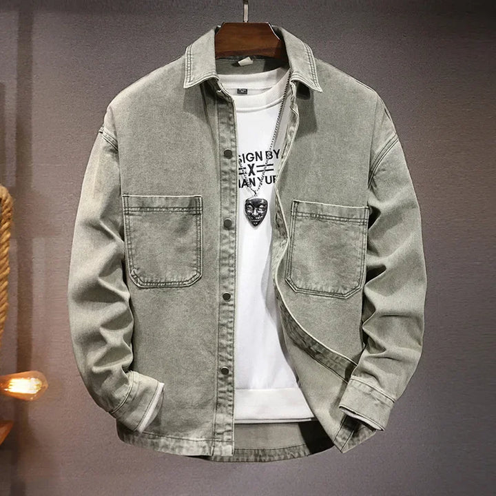 Men's blue midweight denim jacket structured fit minimal detailing refined smart-casual layer