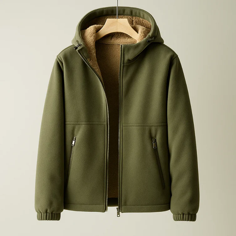 Men's caramel-brown fleece hooded jacket structured shell with cashmere-blend lining slim fit