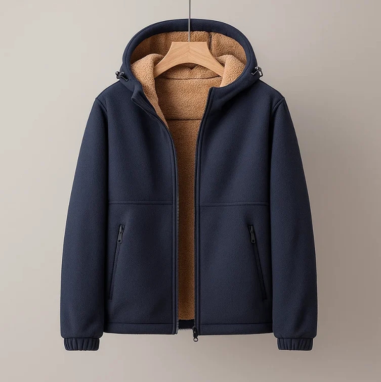 Men's caramel-brown fleece hooded jacket structured shell with luxurious cashmere-blend lining