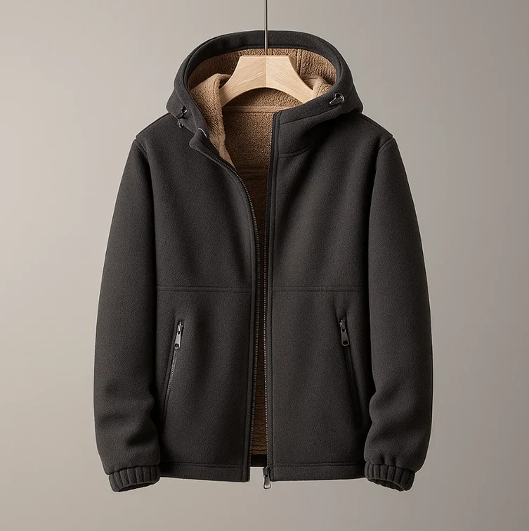 Men's caramel-brown fleece hooded jacket structured shell with cashmere-blend lining slim fit