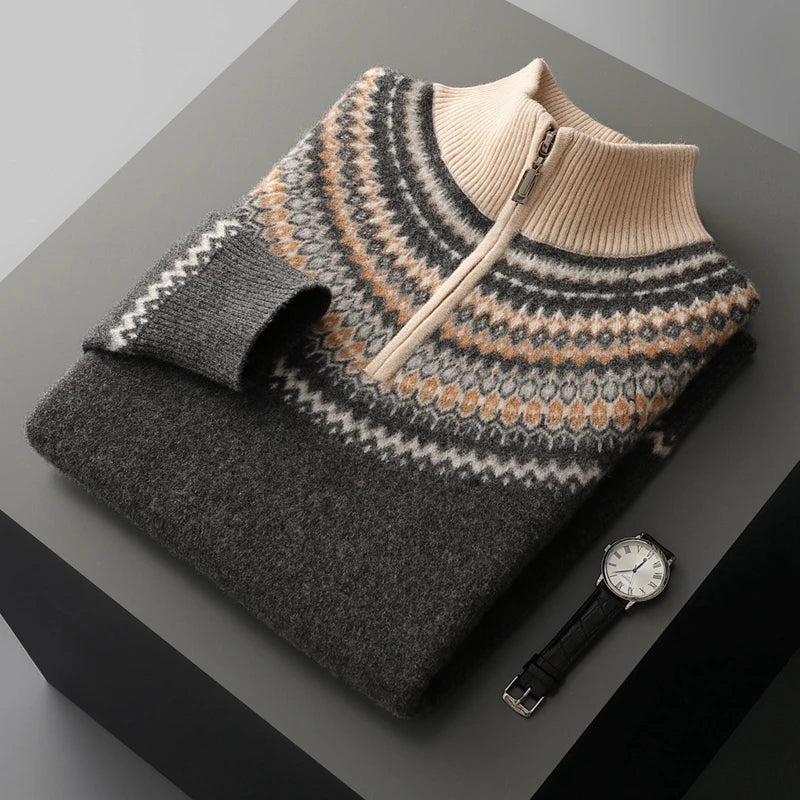 Men's heather wool half-zip sweater with textured multi-tone knit pattern and structured zip collar