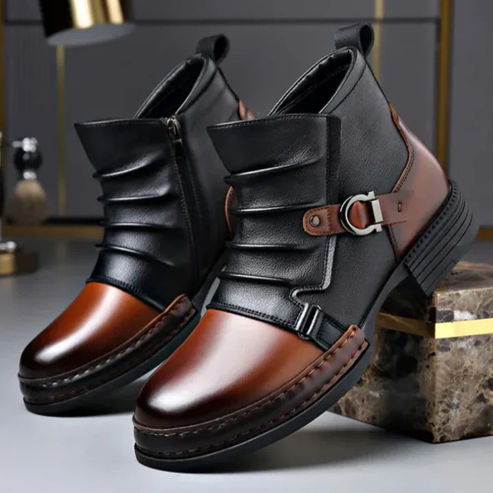 Men's black sculpted leather boots with bold metal buckle accent and layered textured panel design