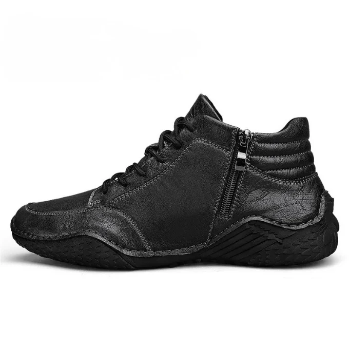 Men's brown smooth-grain leather ankle boots zip-lace hybrid closure stacked rubber sole