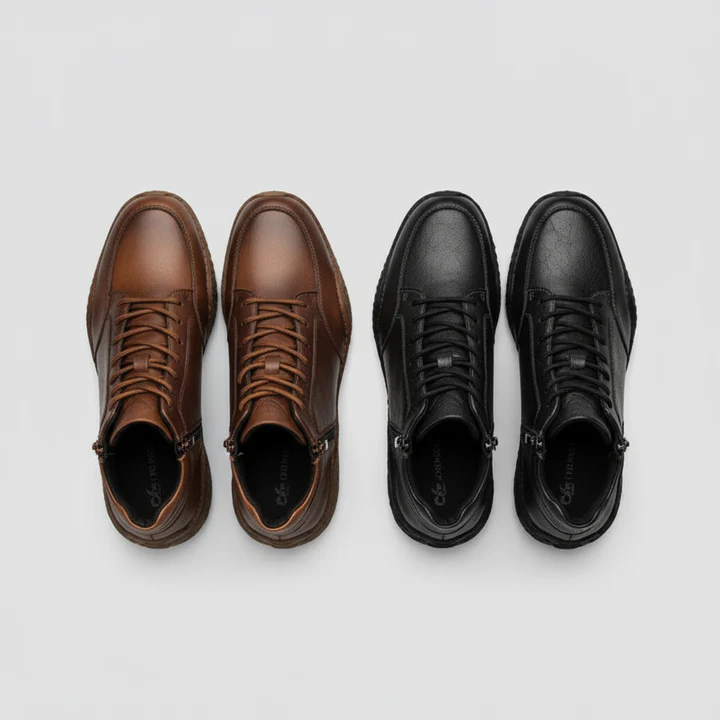 Men's black smooth-grain leather ankle boots with zip-lace hybrid closure and stacked rubber sole