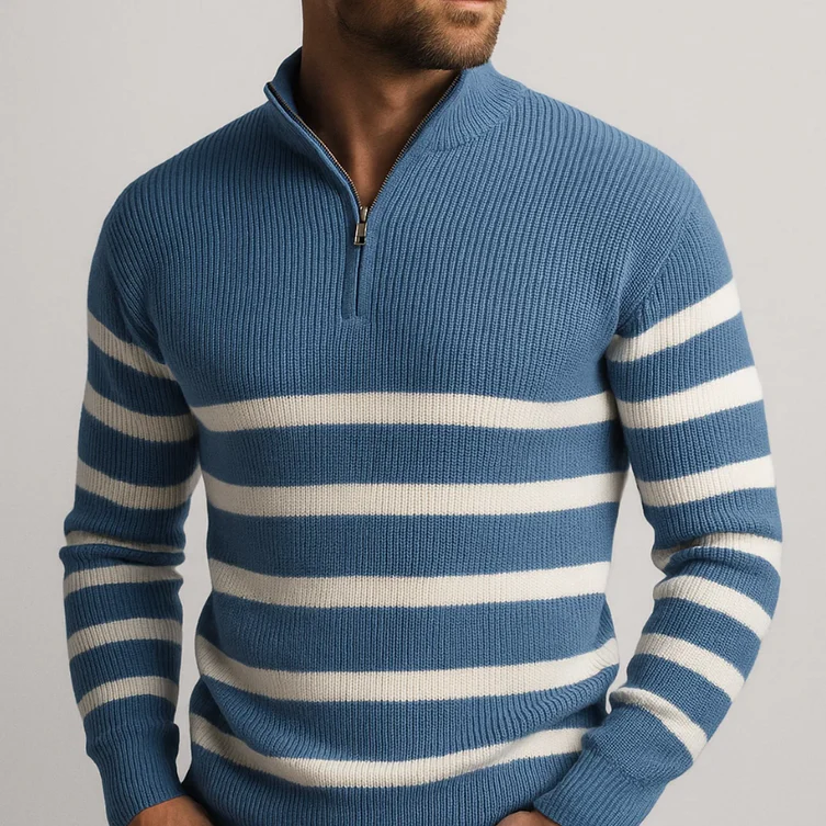 Men's black knit half-zip sweater with bold white horizontal stripes and ribbed texture