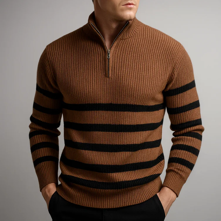 Men's black knit half-zip sweater with bold white horizontal stripes and ribbed texture