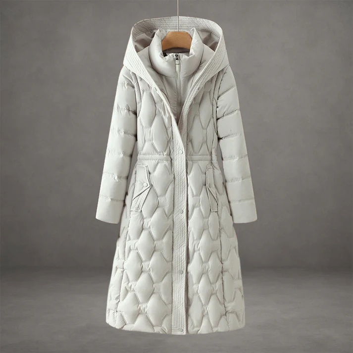 Black quilted longline hooded coat with sleek tailored silhouette and lightweight insulation