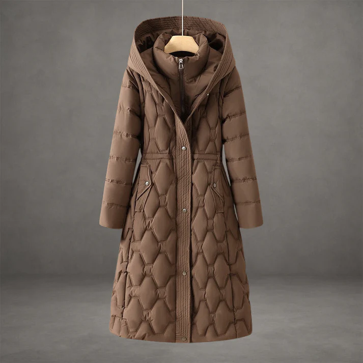 Women's black longline quilted hooded coat with sleek tailored silhouette and insulated warmth