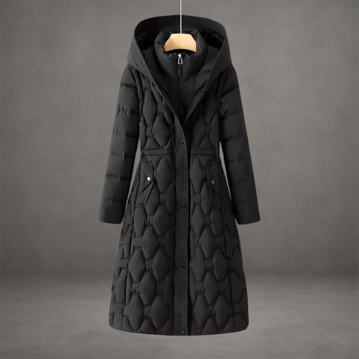Black quilted longline hooded coat with sleek tailored silhouette and lightweight insulated warmth