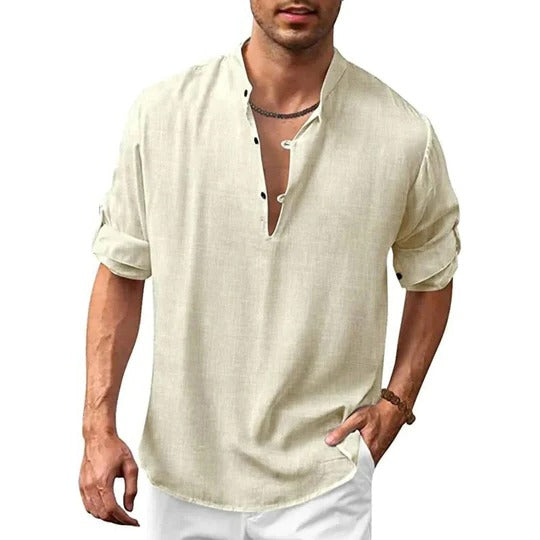 Men's light linen-look long sleeve collared shirt modern slim fit casual formal versatile essential