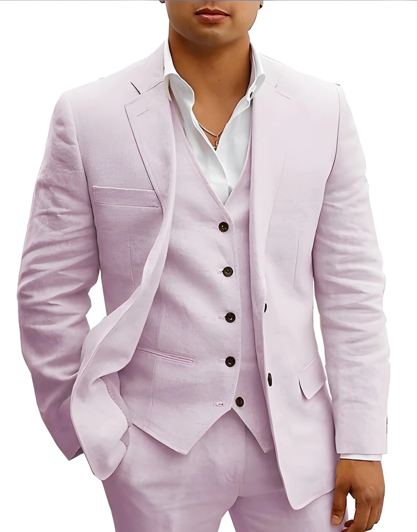 Men's lightweight 3-piece summer suit set in neutral tone slim-fit jacket waistcoat trousers beach wedding