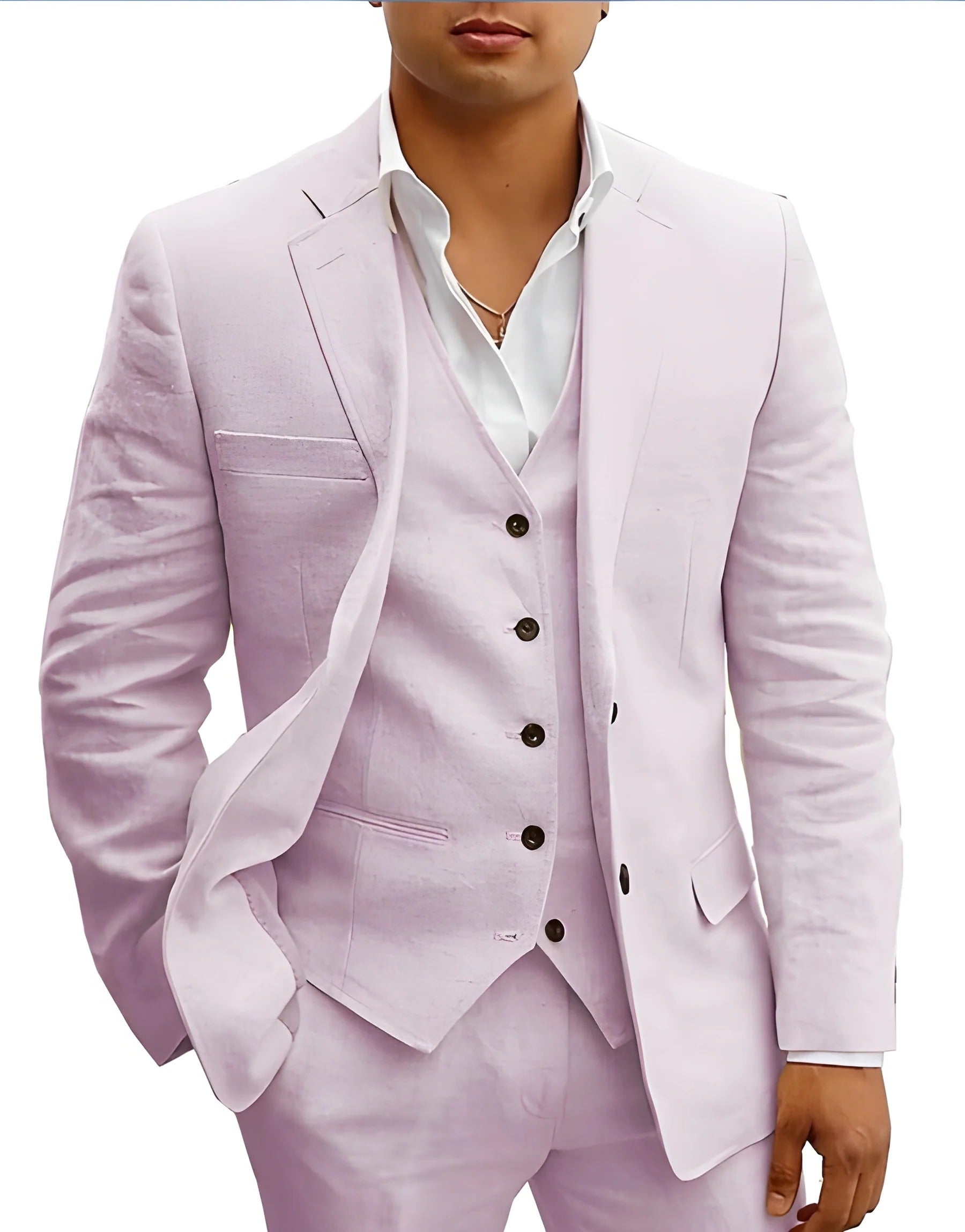 Men's lightweight 3-piece summer suit set in neutral tone slim-fit jacket waistcoat trousers beach wedding