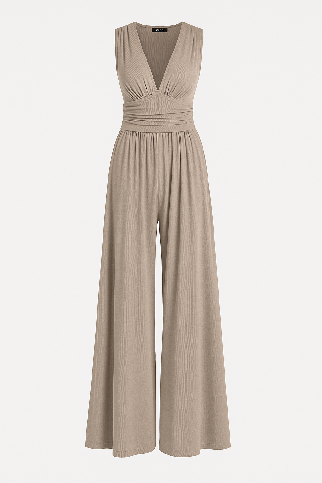 Black sleeveless wide-leg jumpsuit with ribbed stretch fabric and tailored flowing silhouette