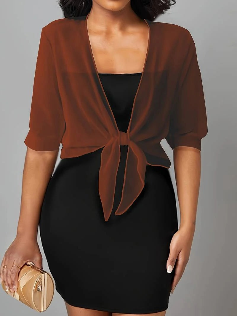 Women's sheer open-front blouse with tie hem and 3/4 sleeves, lightweight breezy spring layering top