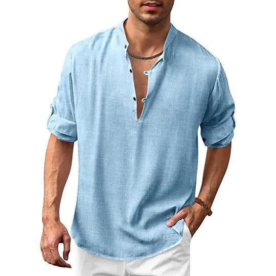 Men's beige linen-look long sleeve collared shirt modern slim fit versatile casual formal