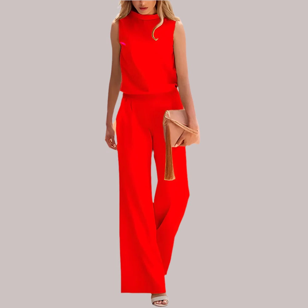 Women's sleeveless wide-leg jumpsuit with belted waist, tailored silhouette for day-to-night versatility