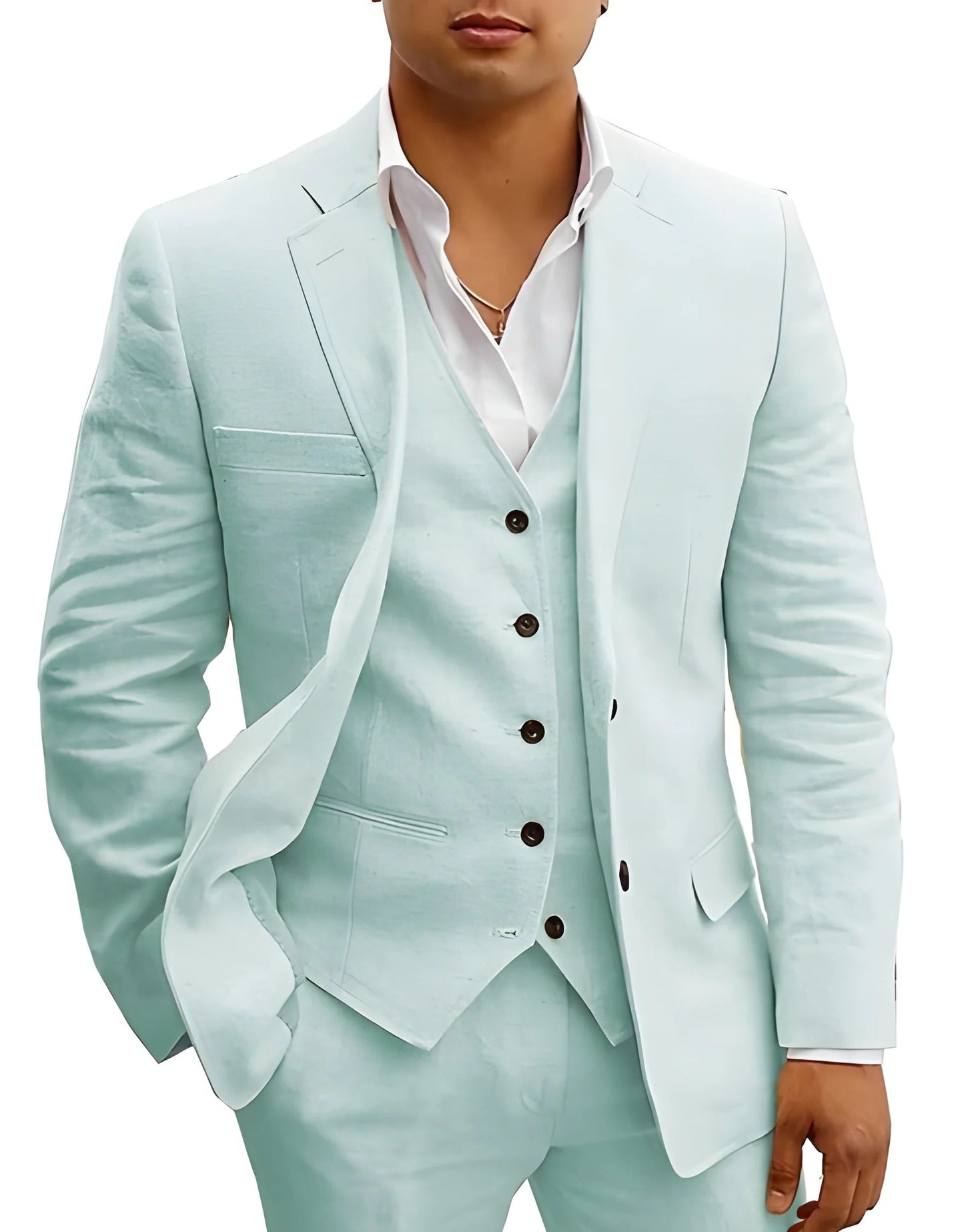 Men's lightweight 3-piece summer suit set in neutral tone, tailored slim-fit jacket waistcoat trousers