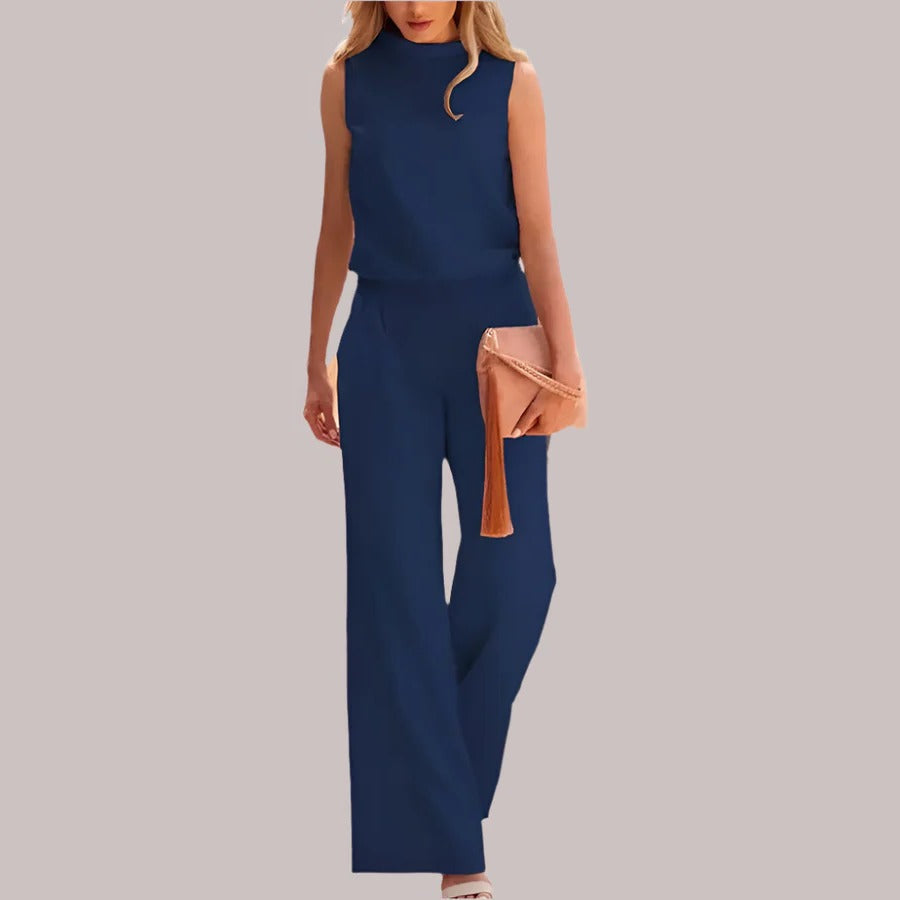 Women's sleeveless wide-leg jumpsuit with belted waist in versatile tailored silhouette