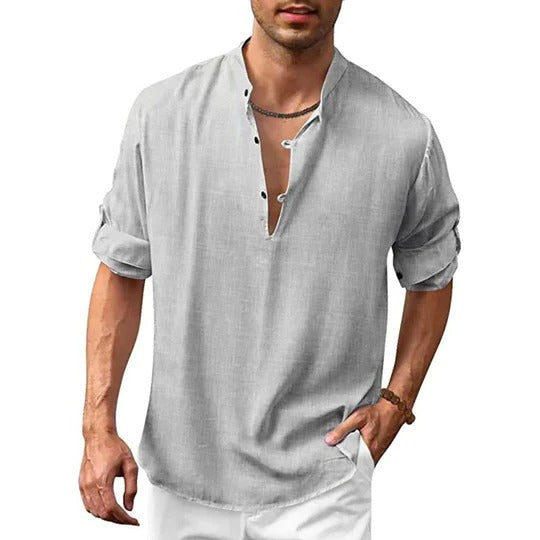 Men's slim-fit linen-look collared shirt in neutral tones, long sleeve versatile casual formal style
