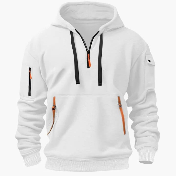 Men's lightweight utility hoodie with half-zip closure, adjustable drawstring hood, and zippered pockets