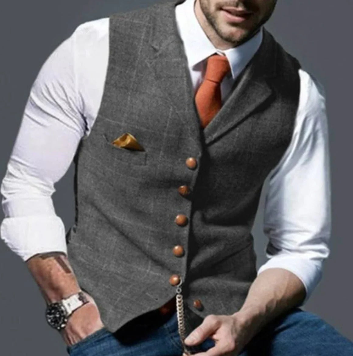Men's vintage navy waistcoat classic button-front formal vest with modern slim fit