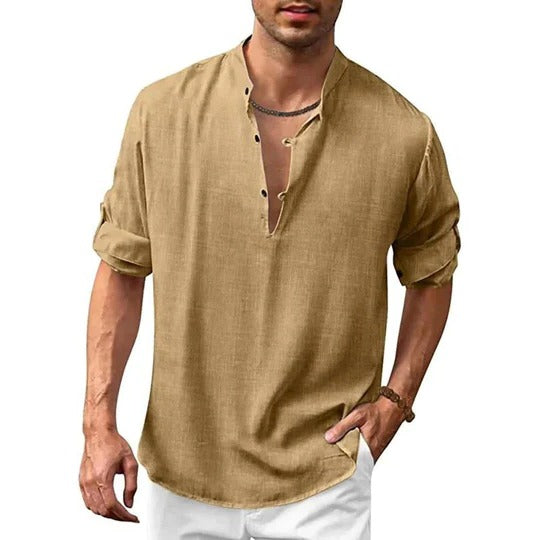 Men's light beige linen-look long sleeve collared shirt modern slim fit casual formal essential