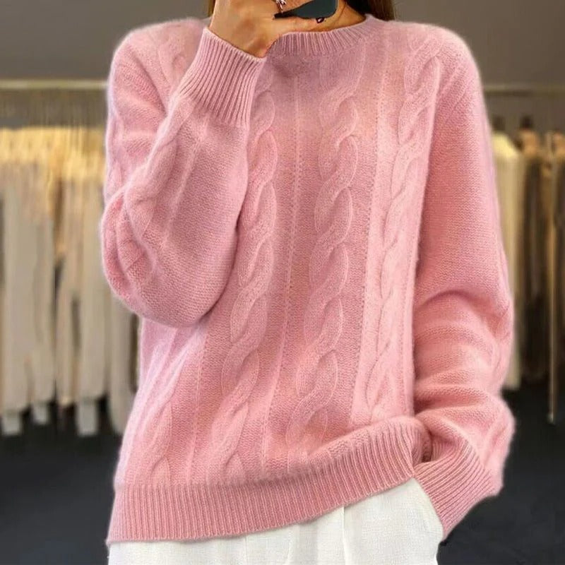 Women's chunky cable knit sweater cozy warm structured silhouette versatile cold season knitwear