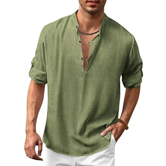 Men's white linen-look long sleeve collared shirt modern slim fit versatile casual formal