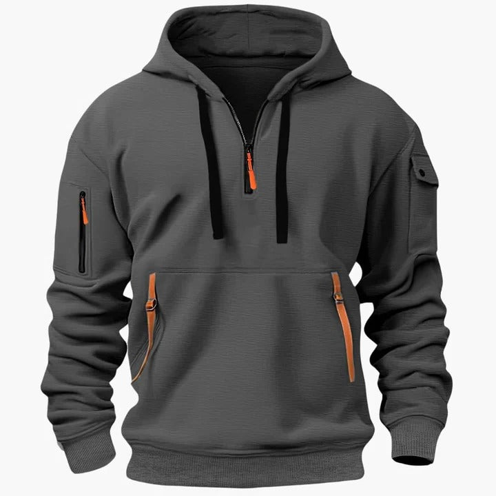 Men's lightweight utility hoodie with half-zip closure, adjustable drawstring hood, and zippered pockets