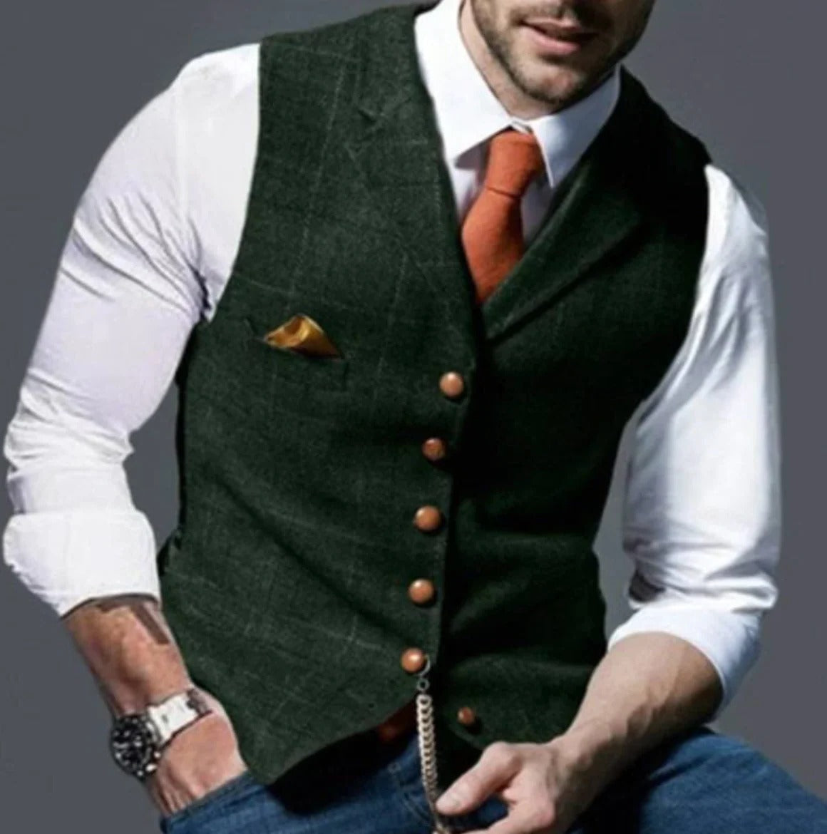 Men's vintage navy waistcoat classic formal vest modern slim fit button-front versatile dress casual