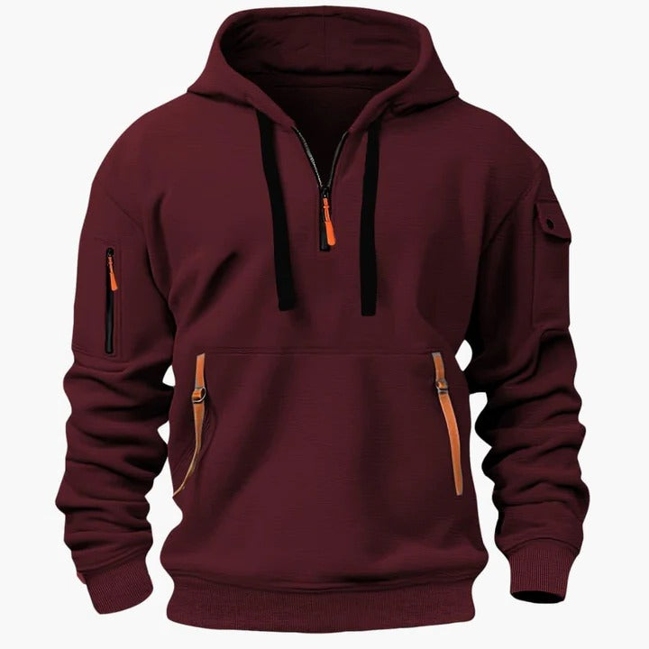 Men's lightweight utility hoodie with half-zip closure, adjustable drawstring hood, and zippered pockets
