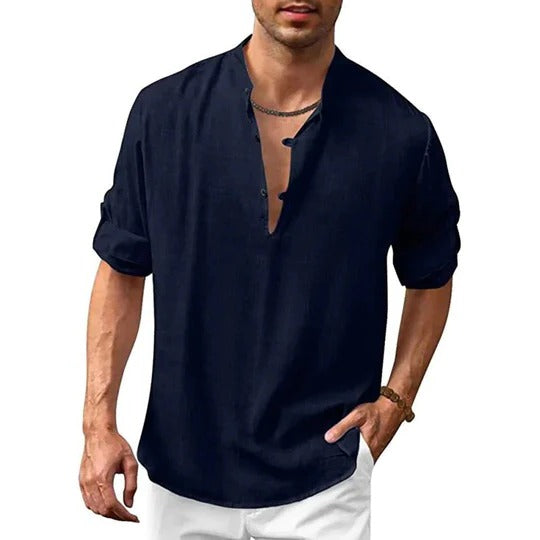 Men's white linen-look long sleeve collared shirt modern slim fit versatile casual formal