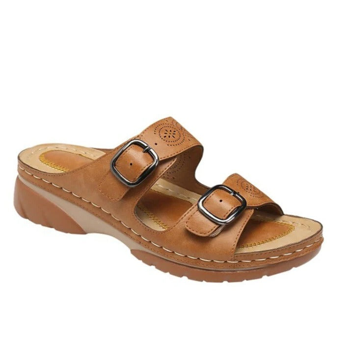 Women's beige ergonomic sandals with double buckle adjustable straps and arch support footbed