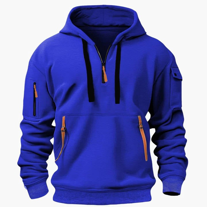 Men's lightweight utility hoodie with half-zip closure, adjustable drawstring hood, and zippered pockets