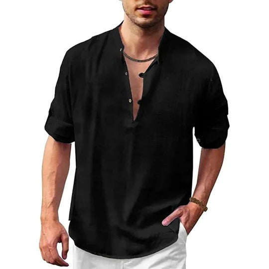 Men's light linen-look long sleeve collared shirt modern slim fit versatile casual formal essential