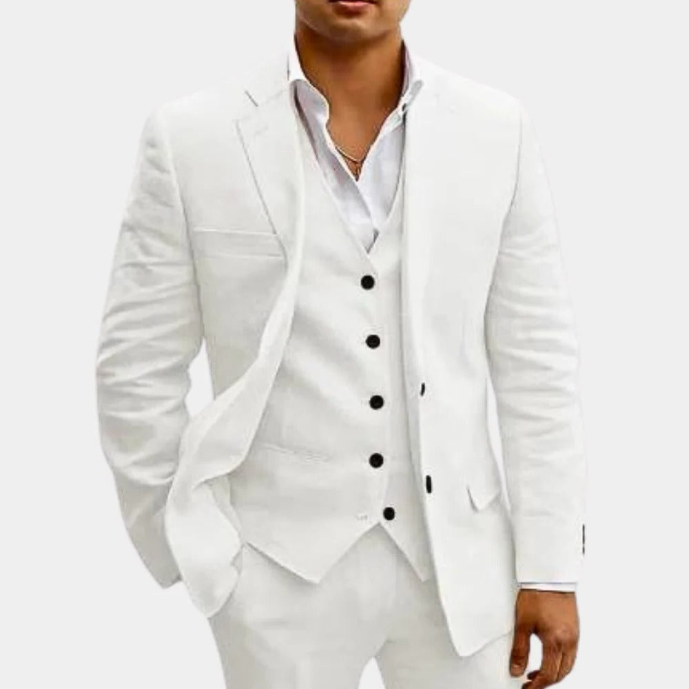 Men's lightweight 3-piece summer suit set in neutral tone, tailored slim-fit jacket waistcoat trousers