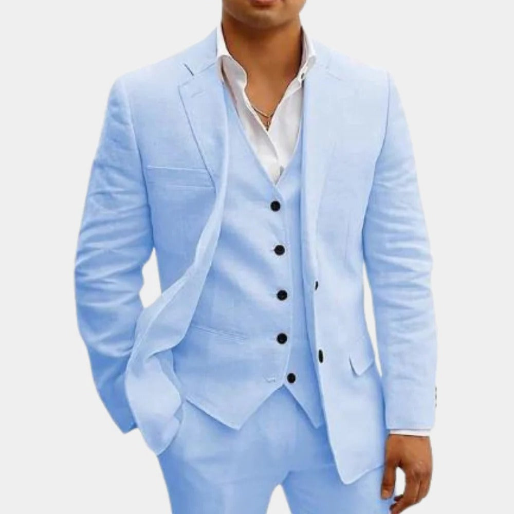 Men's lightweight 3-piece summer suit set in neutral tone, tailored slim fit for beach weddings
