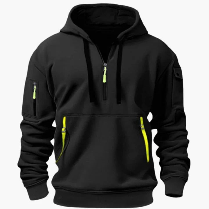 Men's lightweight utility hoodie with half-zip closure, adjustable drawstring hood, and zippered pockets