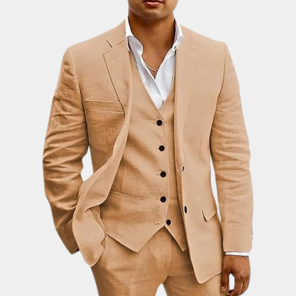 Men's lightweight 3-piece summer suit set in neutral tone, slim-fit jacket waistcoat trousers for beach weddings