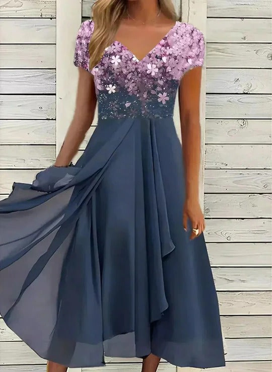 Women's flowing elegant party dress with open shoulder detail, tailored silhouette for formal occasions