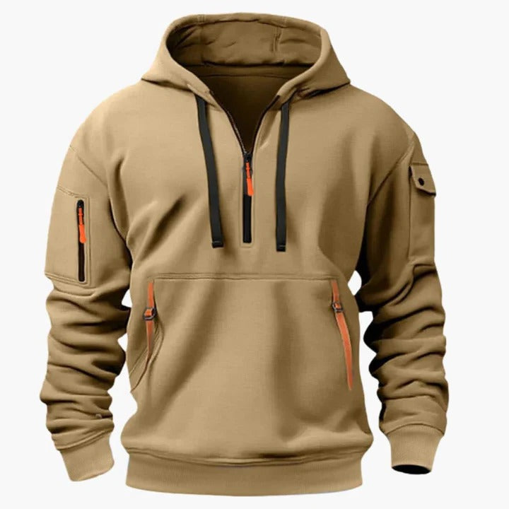 Men's lightweight utility hoodie with half-zip closure, adjustable drawstring hood, and zippered pockets