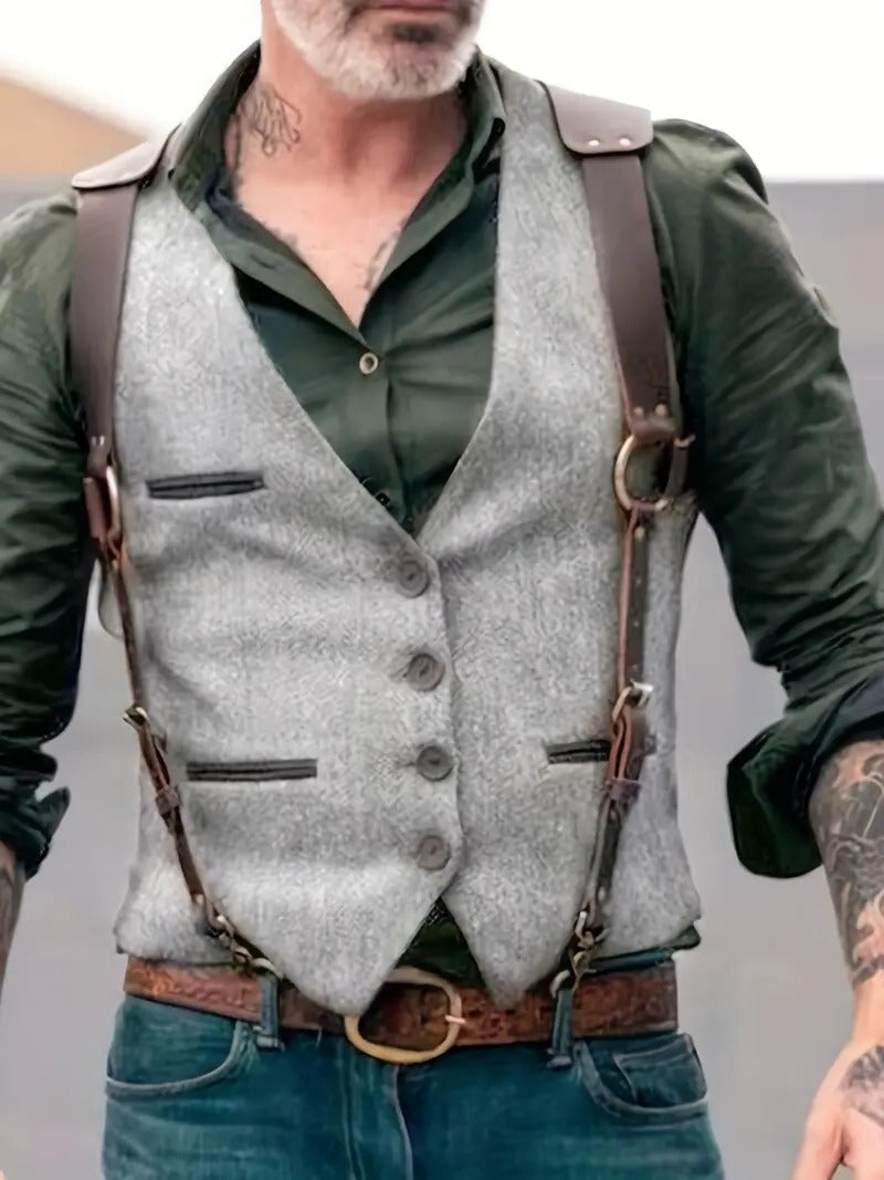 Men's traditional navy vintage-inspired gilet vest with contoured cut and subtle tailored detailing
