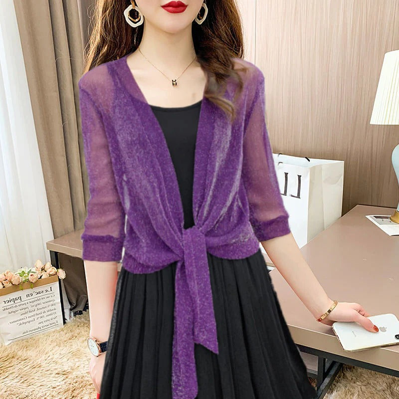 Women's sheer open-front blouse with tie hem knot and 3/4 sleeves, lightweight spring layering top
